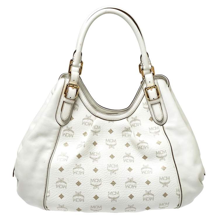 مملوكة مسبقًا MCM White Visetos Coated Canvas and Leather Shoulder Bag