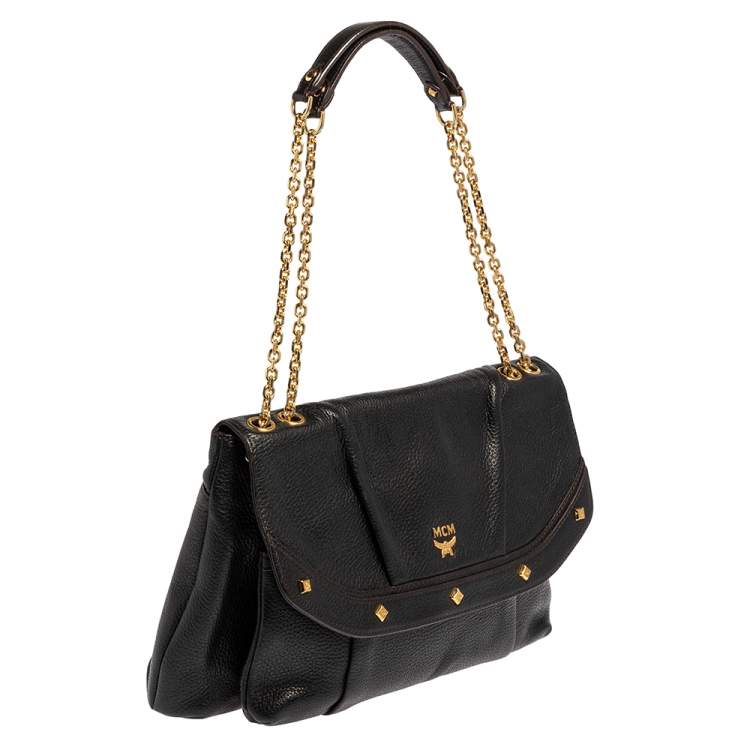 Pre Owned MCM Black Leather Studded Flap Shoulder Bag