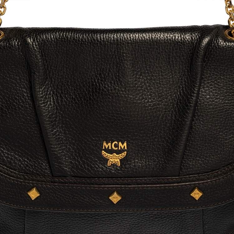 Pre Owned MCM Black Leather Studded Flap Shoulder Bag