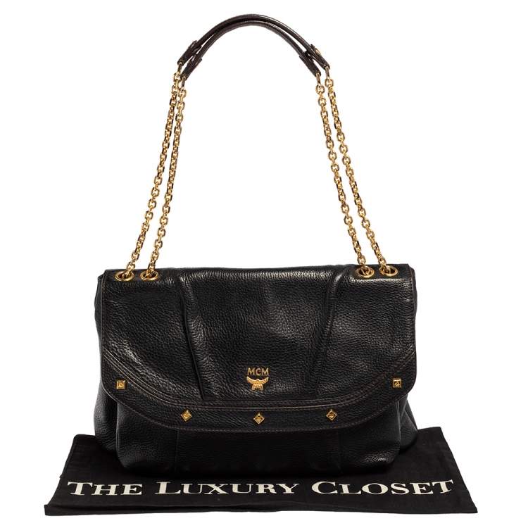 Pre Owned MCM Black Leather Studded Flap Shoulder Bag