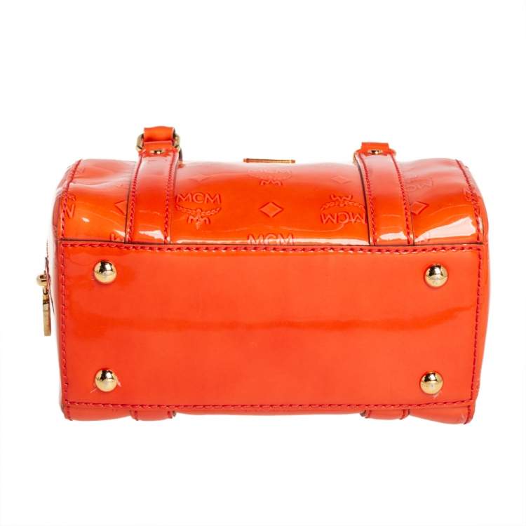 Pre Owned MCM Orange Heritage Patent Leather Small Boston Bag
