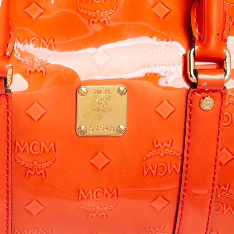 Pre Owned MCM Orange Heritage Patent Leather Small Boston Bag