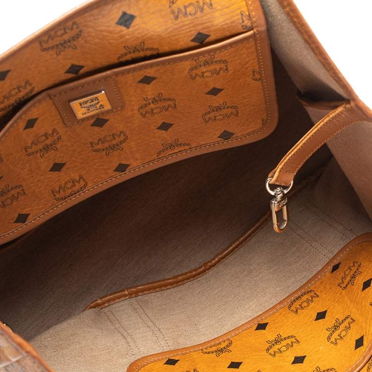 Pre Owned MCM Cognac Visetos Coated Canvas and Leather Shopper Tote