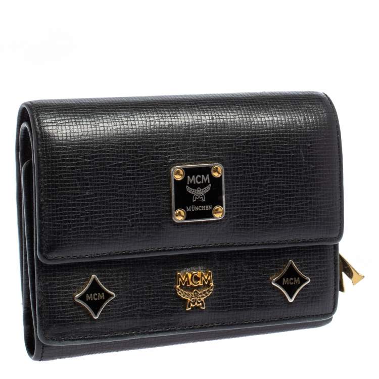 Pre Owned MCM Black Leather Studded Three Fold Wallet
