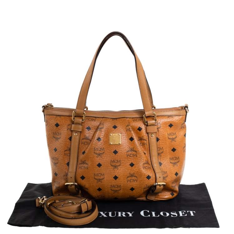 Pre Owned MCM Cognac Visetos Coated Canvas and Leather Shopper Tote