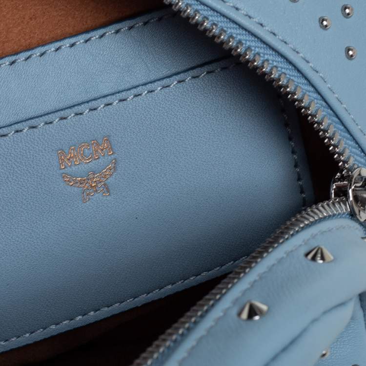 Pre Owned MCM Sky Blue Studded Leather Mini Stark Bebe Boo Backpack