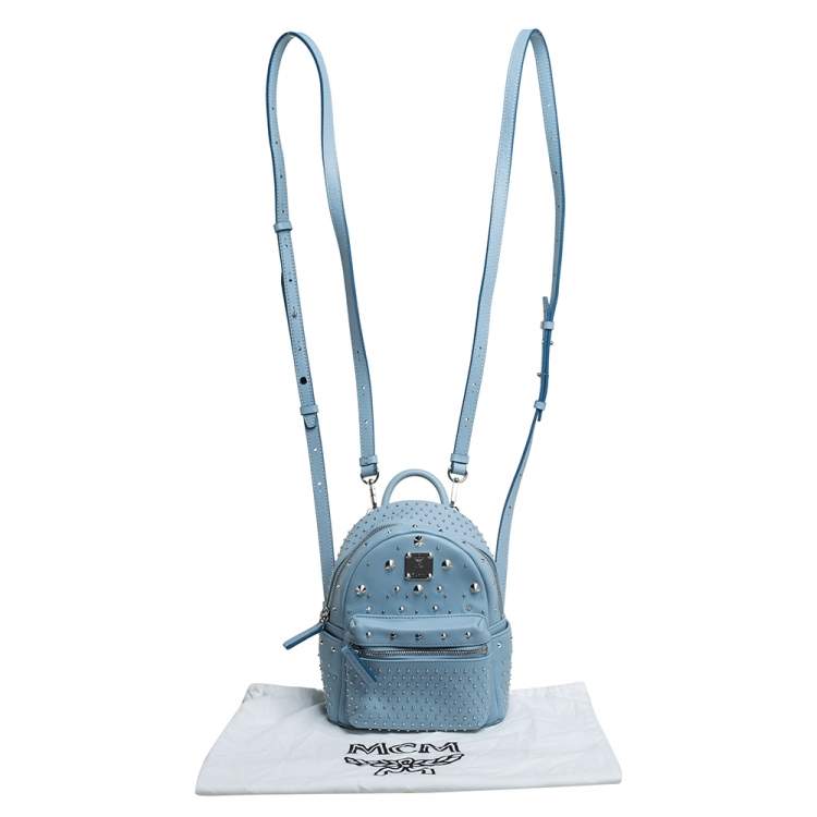 Pre Owned MCM Sky Blue Studded Leather Mini Stark Bebe Boo Backpack