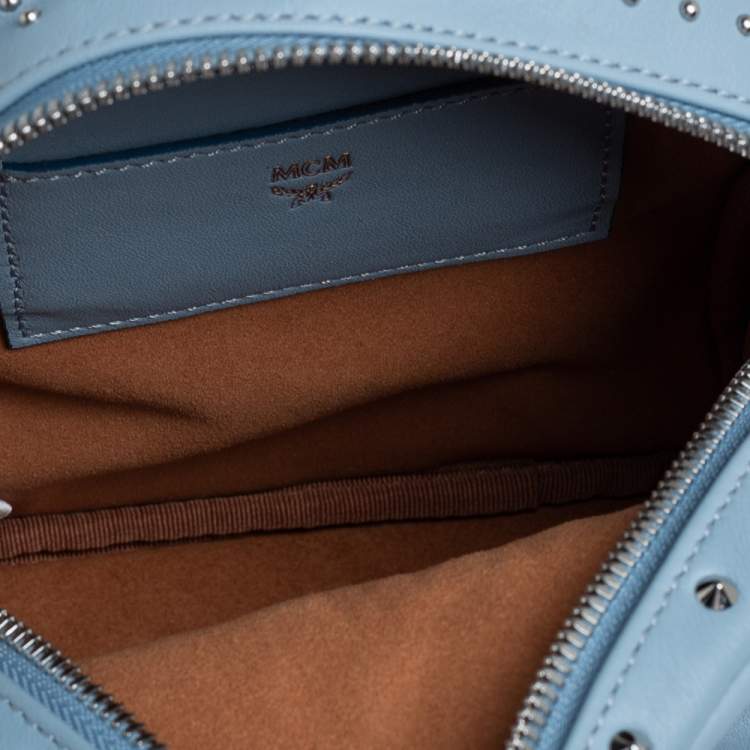 Pre Owned MCM Sky Blue Studded Leather Mini Stark Bebe Boo Backpack