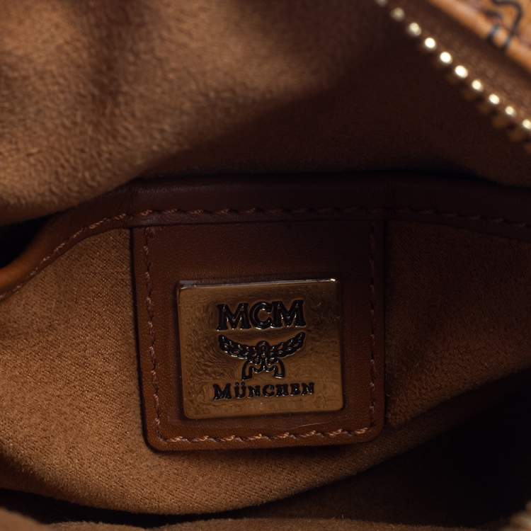 Pre Owned MCM Cognac Visetos Coated Canvas Heritage Tambourine Shoulder Bag