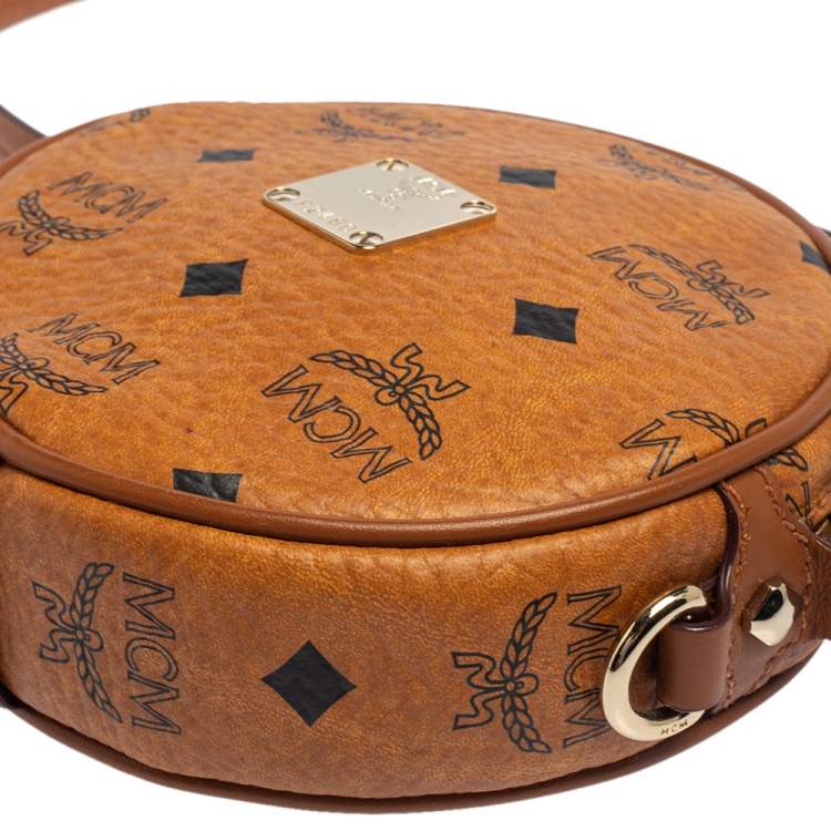 Pre Owned MCM Cognac Visetos Coated Canvas Heritage Tambourine Shoulder Bag
