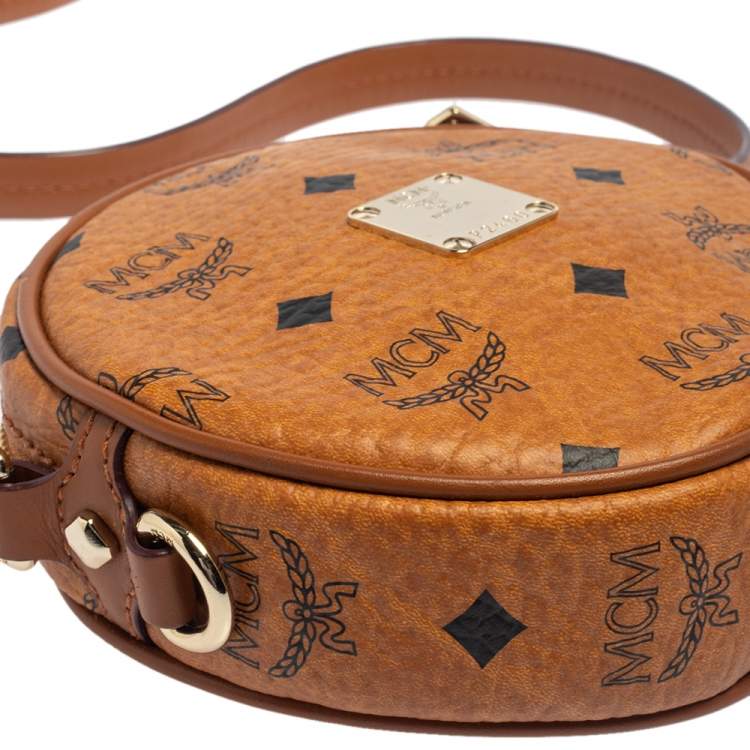 Pre Owned MCM Cognac Visetos Coated Canvas Heritage Tambourine Shoulder Bag