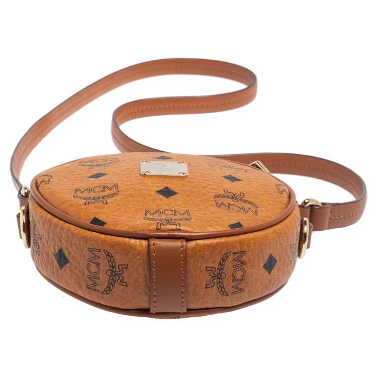 Pre Owned MCM Cognac Visetos Coated Canvas Heritage Tambourine Shoulder Bag