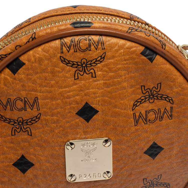 Pre Owned MCM Cognac Visetos Coated Canvas Heritage Tambourine Shoulder Bag