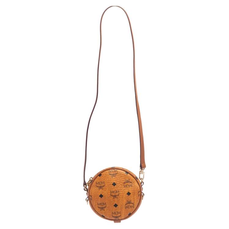 Pre Owned MCM Cognac Visetos Coated Canvas Heritage Tambourine Shoulder Bag