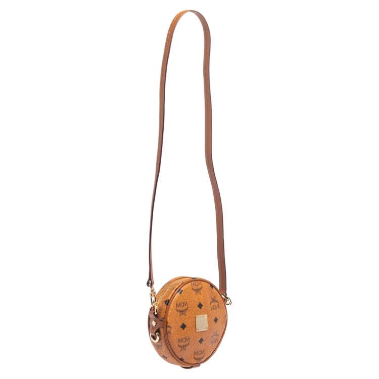Pre Owned MCM Cognac Visetos Coated Canvas Heritage Tambourine Shoulder Bag