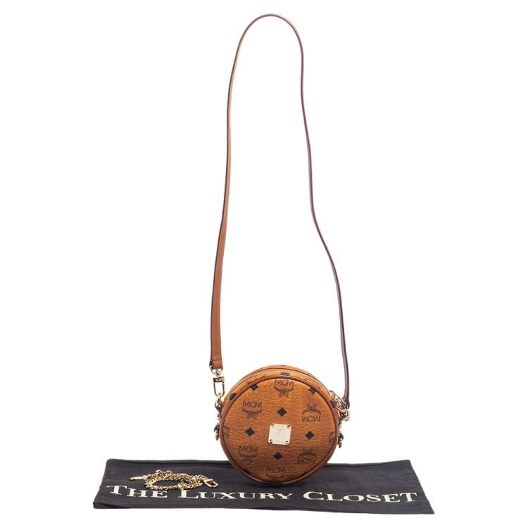 Pre Owned MCM Cognac Visetos Coated Canvas Heritage Tambourine Shoulder Bag
