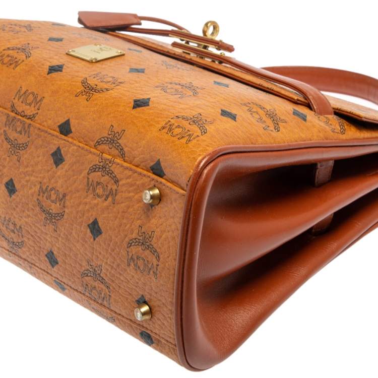 Pre Owned MCM Cognac Visetos Coated Canvas and Leather Heritage Top Handle Bag