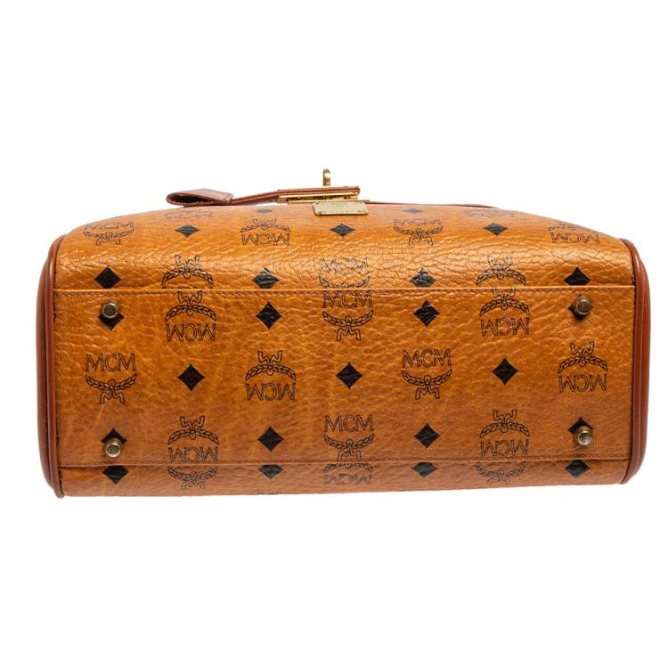 Pre Owned MCM Cognac Visetos Coated Canvas and Leather Heritage Top Handle Bag