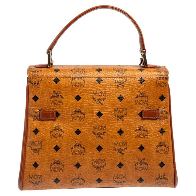 Pre Owned MCM Cognac Visetos Coated Canvas and Leather Heritage Top Handle Bag