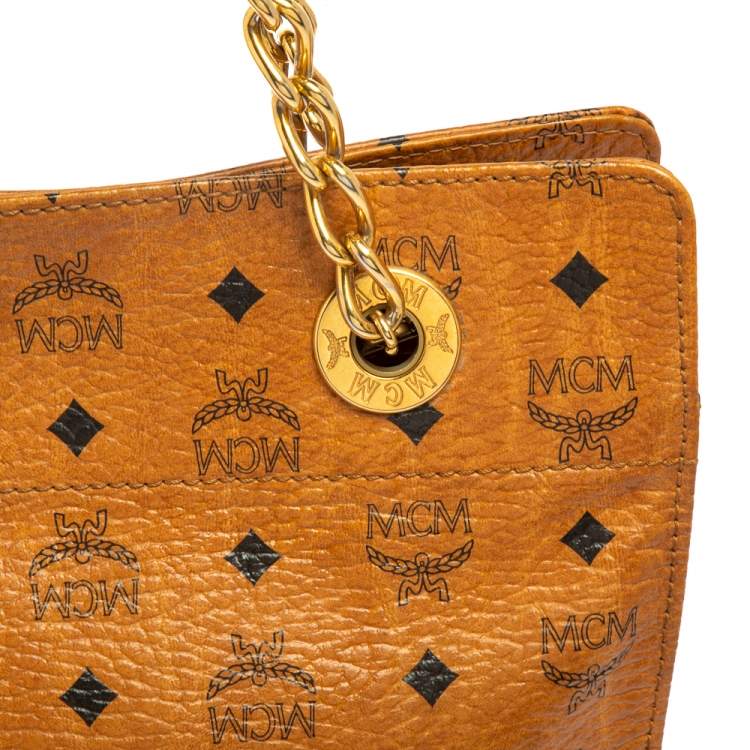 Pre Owned MCM Cognac Visetos Coated Canvas and Leather Chain Tote