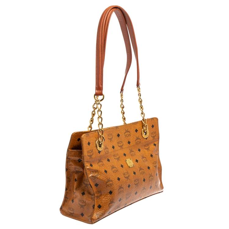 Pre Owned MCM Cognac Visetos Coated Canvas and Leather Chain Tote