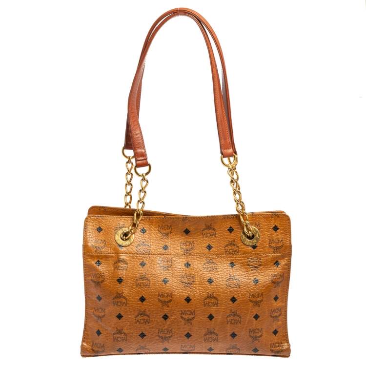Pre Owned MCM Cognac Visetos Coated Canvas and Leather Chain Tote