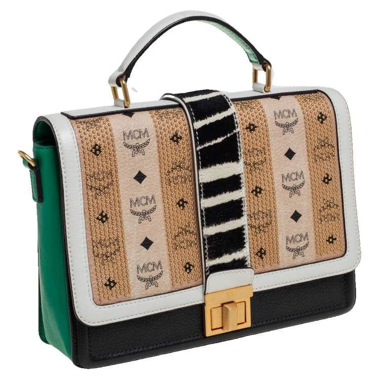 Pre Owned MCM Multicolor Visetos Coated Canvas and Zebra Print Calf Hair Little Veronika Top Handle Bag