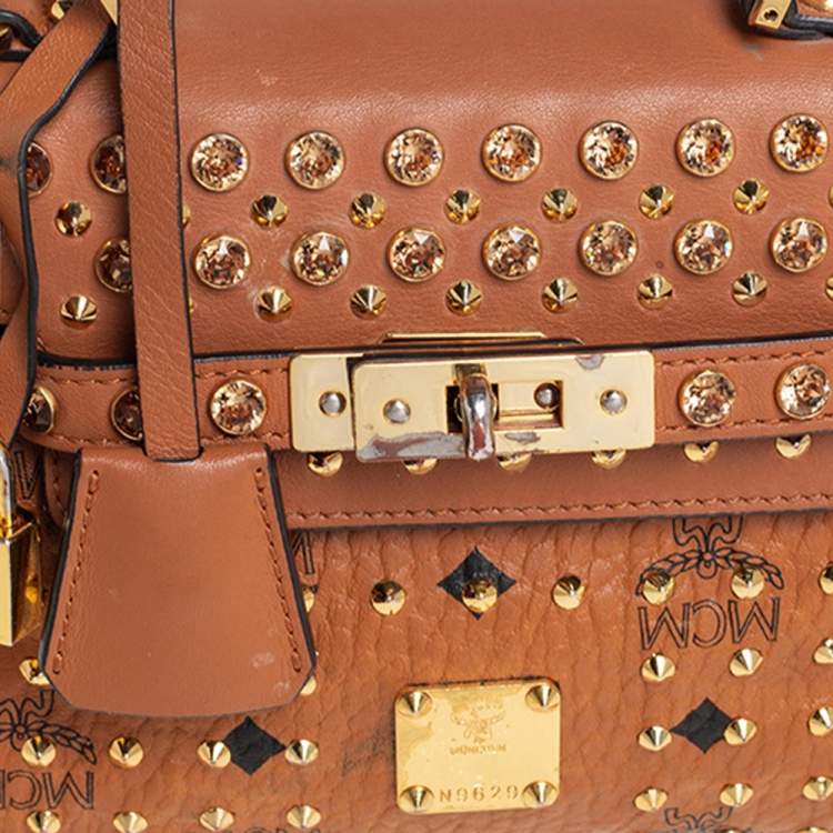 Pre Owned MCM Brown Visetos Coated Canvas and Leather Embellished Mini Heritage Top Handle Bag