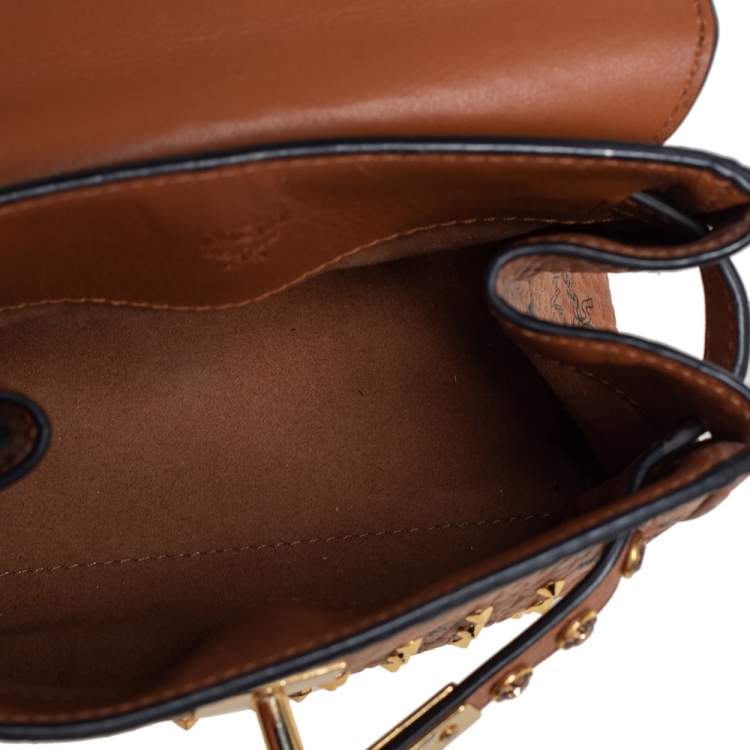 Pre Owned MCM Brown Visetos Coated Canvas and Leather Embellished Mini Heritage Top Handle Bag