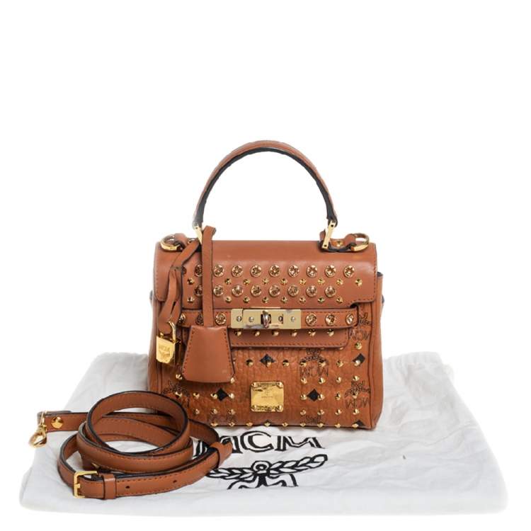 Pre Owned MCM Brown Visetos Coated Canvas and Leather Embellished Mini Heritage Top Handle Bag