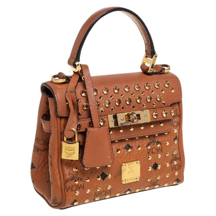 Pre Owned MCM Brown Visetos Coated Canvas and Leather Embellished Mini Heritage Top Handle Bag