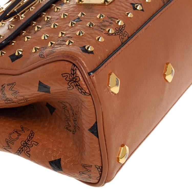 Pre Owned MCM Brown Visetos Coated Canvas and Leather Embellished Mini Heritage Top Handle Bag