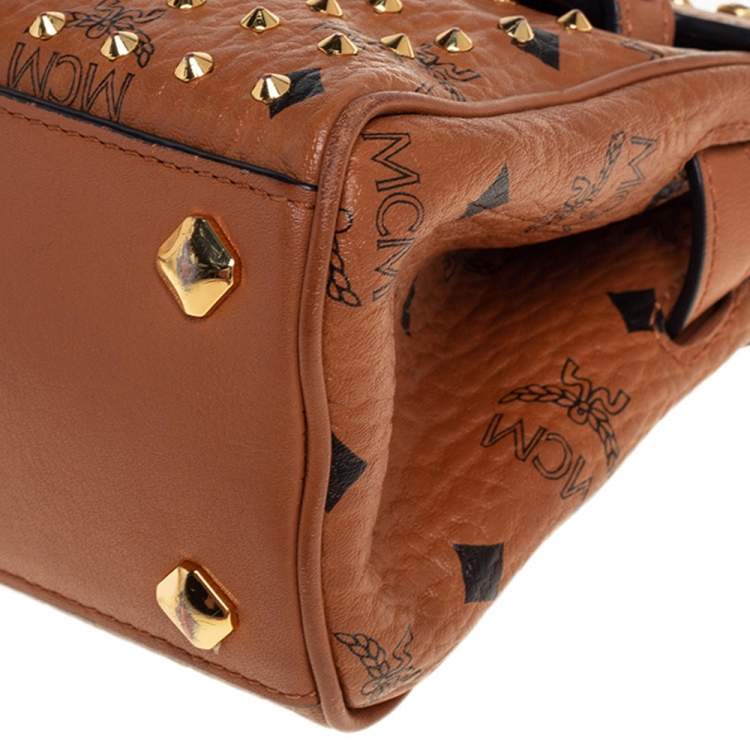 Pre Owned MCM Brown Visetos Coated Canvas and Leather Embellished Mini Heritage Top Handle Bag
