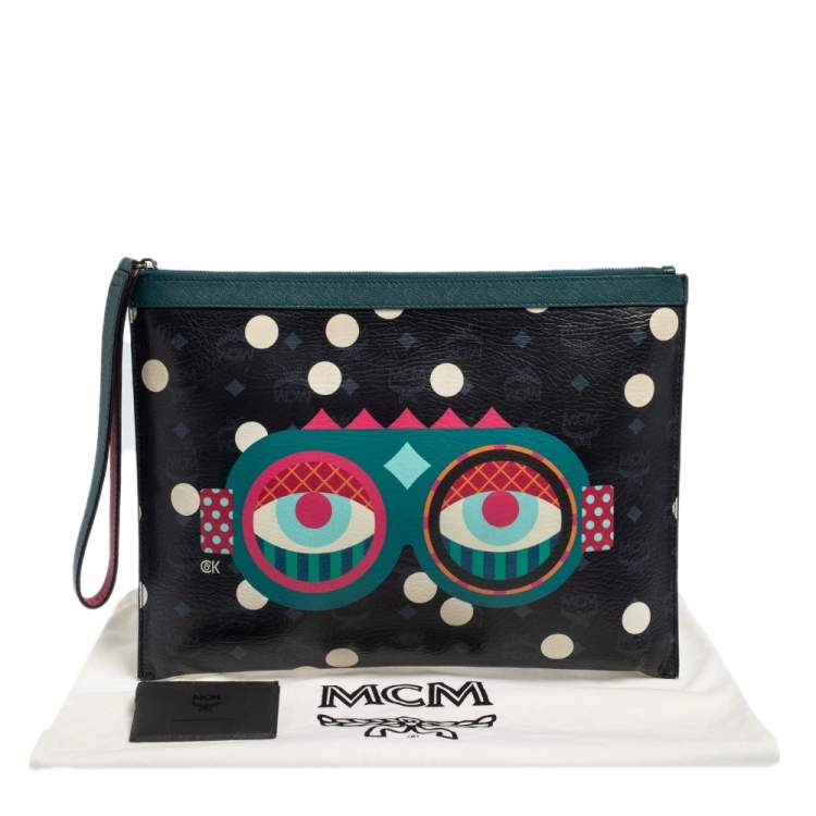 Pre Owned MCM Black/White Polka Dot Leather Craig and Karl Clutch