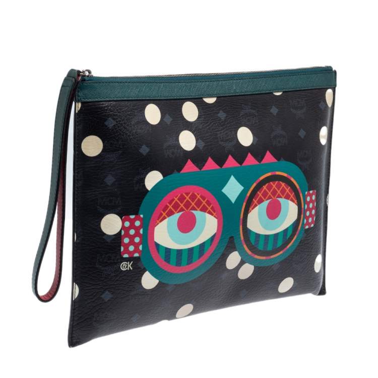 Pre Owned MCM Black/White Polka Dot Leather Craig and Karl Clutch