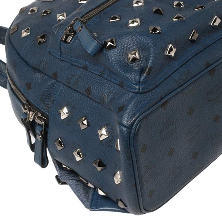 Pre Owned MCM Blue Visetos Coated Canvas and Leather Small Studs Stark Backpack