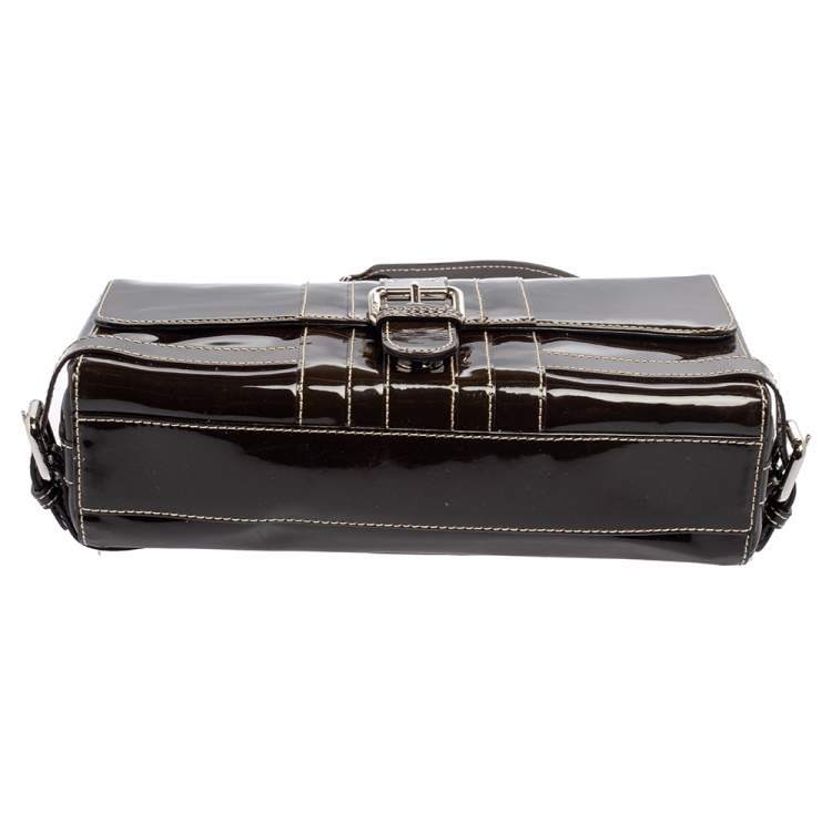 Pre Owned MCM Brown Patent Leather Buckle Detail Flap Shoulder Bag