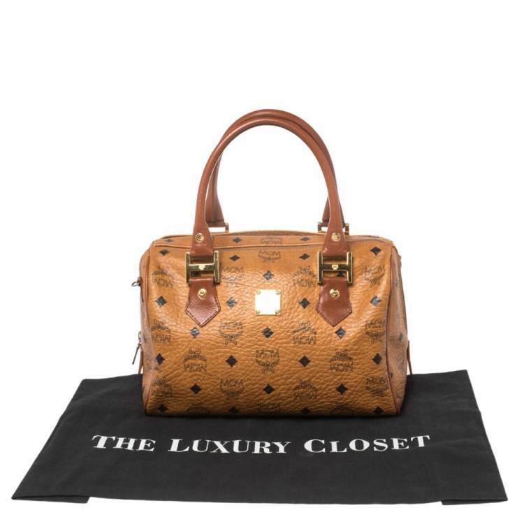 Pre Owned MCM Cognac Visetos Coated Canvas Small Heritage Boston Bag
