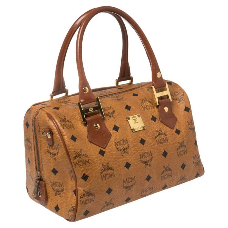 Pre Owned MCM Cognac Visetos Coated Canvas Small Heritage Boston Bag