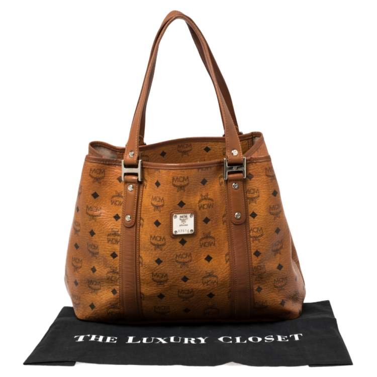 Pre Owned MCM Cognac Visetos Coated Canvas and Leather Shopper Tote