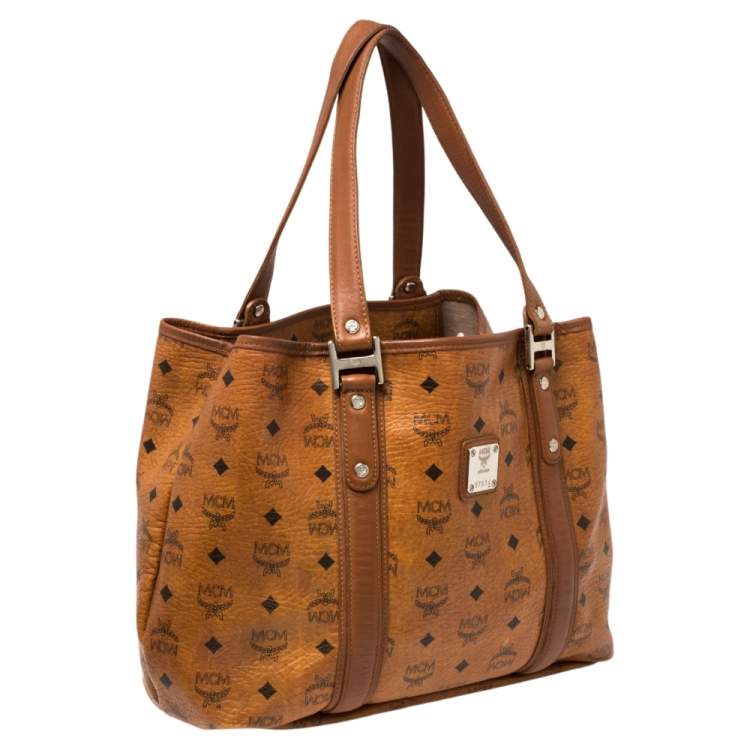Pre Owned MCM Cognac Visetos Coated Canvas and Leather Shopper Tote
