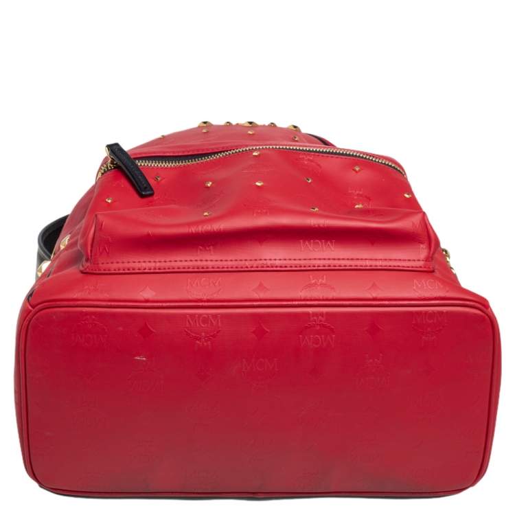Pre Owned MCM Red Coated Canvas and Leather Stud Embellished Stark Backpack