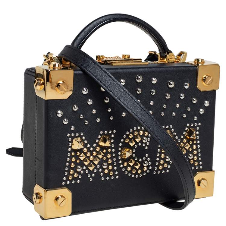 Pre Owned MCM Black Leather Studded Embellished Berlin Box Bag