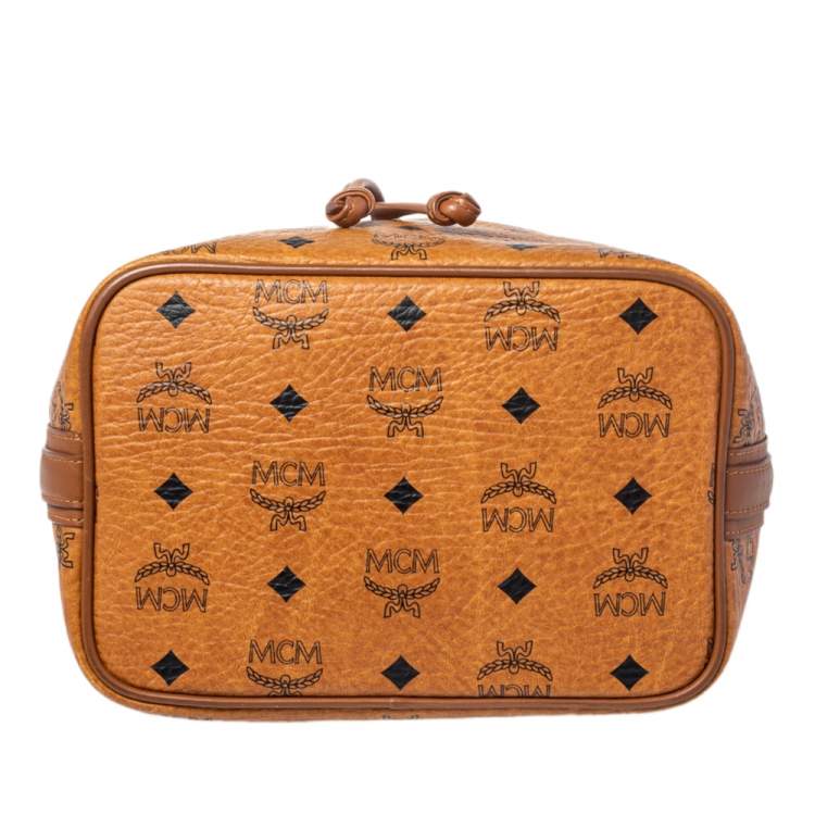 Pre Owned MCM Cognac Visetos Coated Canvas Heritage Drawstring Bucket Bag