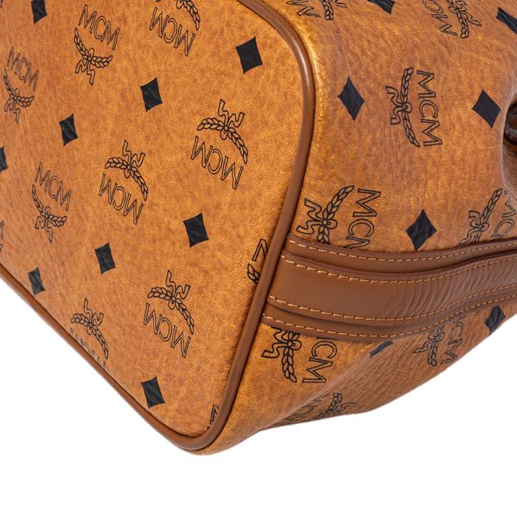 Pre Owned MCM Cognac Visetos Coated Canvas Heritage Drawstring Bucket Bag