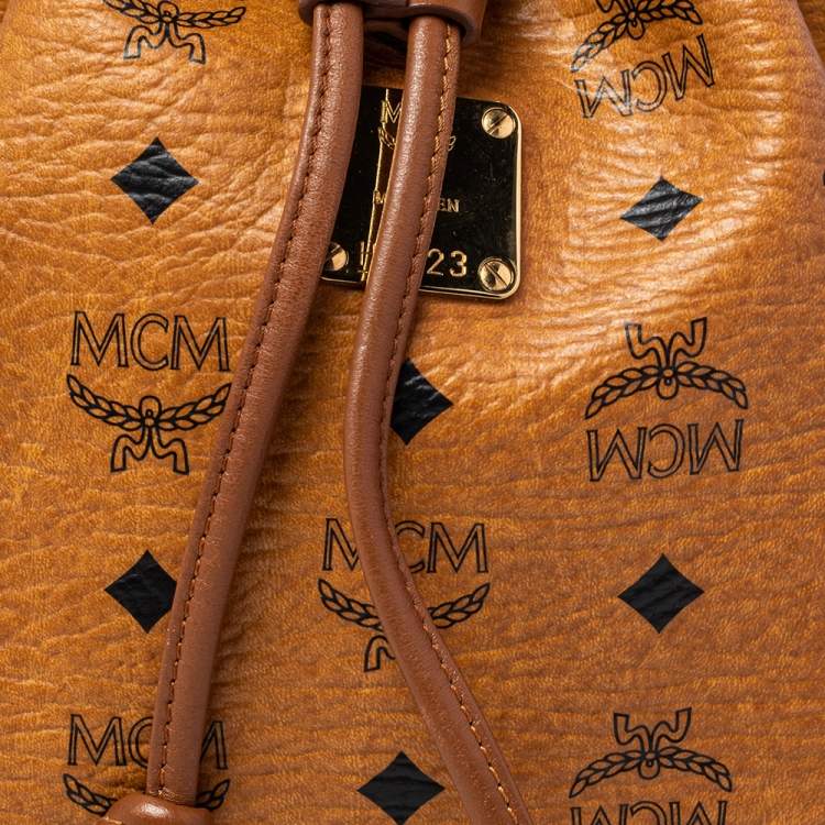 Pre Owned MCM Cognac Visetos Coated Canvas Heritage Drawstring Bucket Bag