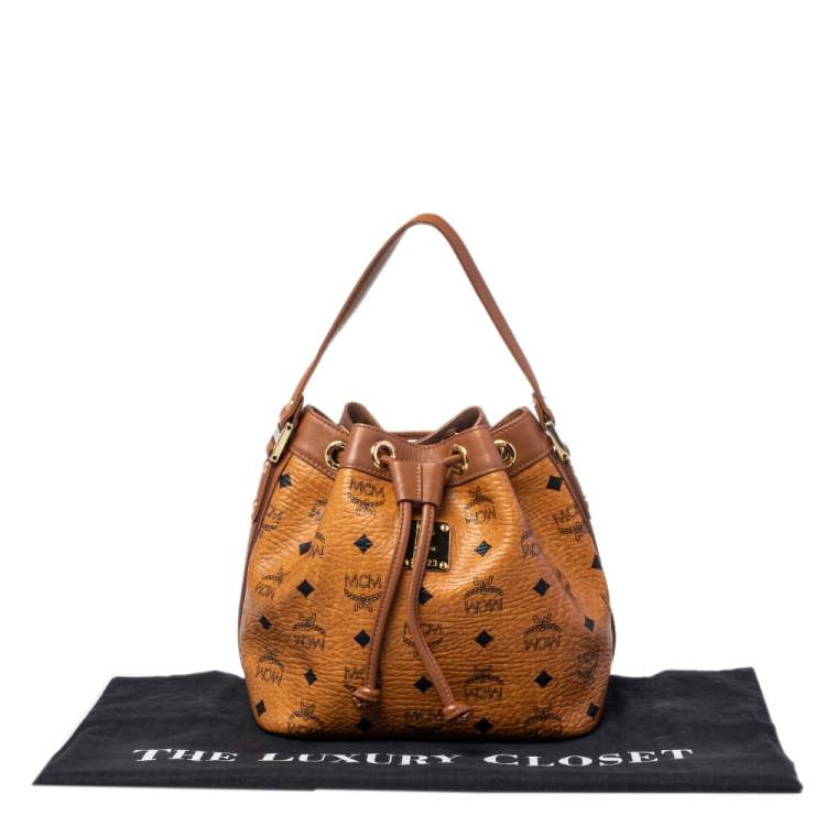 Pre Owned MCM Cognac Visetos Coated Canvas Heritage Drawstring Bucket Bag