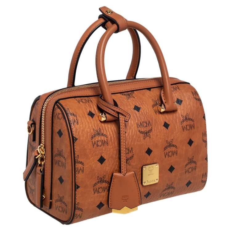 Pre Owned MCM Cognac Visetos Coated Canvas Small Essential Boston Bag