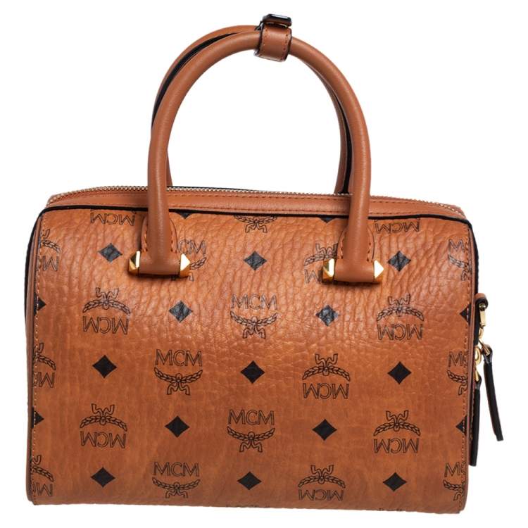 Pre Owned MCM Cognac Visetos Coated Canvas Small Essential Boston Bag