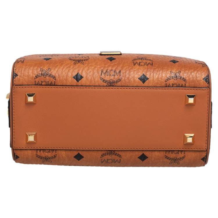 Pre Owned MCM Cognac Visetos Coated Canvas Small Essential Boston Bag